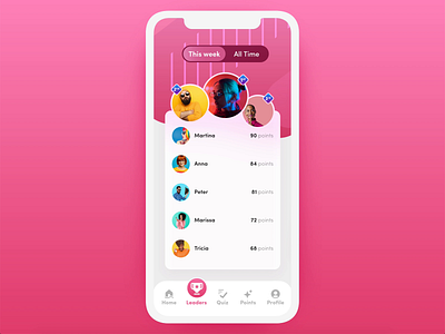 Mobile Quiz Interface adobe xd animation auto animate leaderboard micro interactions navigation pink quiz app ui design