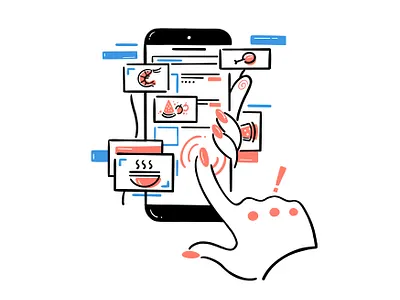 Online meal ordering art character delivery design finger food girl hand illustration menu mobilephone phone web