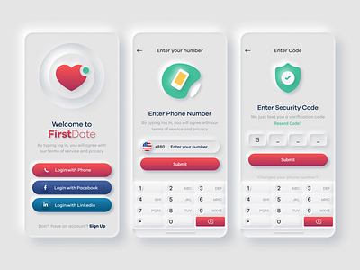 Dating App neumorphic UI Design dating dating app datingapp enter code input box input field input fields keyboards log in login login page mobile app ui mobile ui neumorphic neumorphism security code signin ui ui design uiux