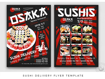 Sushi Delivery Flyer Template asian black delivery design double sided fastfood flyer food japan japanese menu photoshop poster print psd red restaurant sushi takeaway template