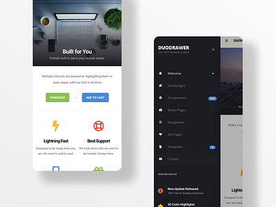 DuoDrawer 2.0 | Mobile Web App Kit app app design cordova css dark sidebar homepage design html website javascript mobile mobile app mobile app design mobile design mobile ui mobile website phonegap pwa sidebar menu ui user interface design ux