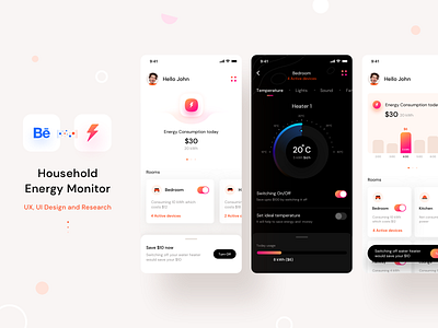 Household energy monitor presentation BEHANCE app ui ux application behance case study dark light designer device smart home electricity bill energy icons illustrations graphics interaction prototype knob dollars currency monitor neel power prakhar research analysis sharma user feedback