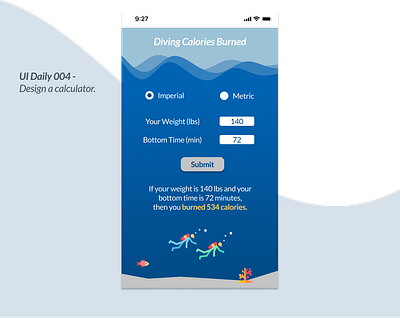 Diving Calories Burned app design calculator daily 100 challenge dailyui dailyui004 figma scubadiving ui ux