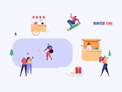 Concept of winter activities and Christmas fair activity christmas design fair illustration market selfie snowboarding vector winter xmas