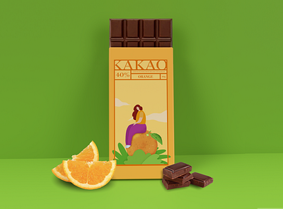 Packaging design for Kakao Chocolate branding candy candy bar chocolate chocolate bar chocolate packaging chocolatebar design food fruit girl graphic design green illustration orange packaging packaging design
