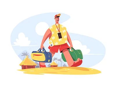 Traveller with luggage beach character flat go happy illustration kit8 luggage man smile traveller vector