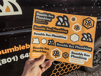 Bumble Bee Plumbing Sticker Sheet bee blue collar brand design branding bumble bee buzz graphic design logo logo design recoleta sticker sticker mule sticker sheet typography