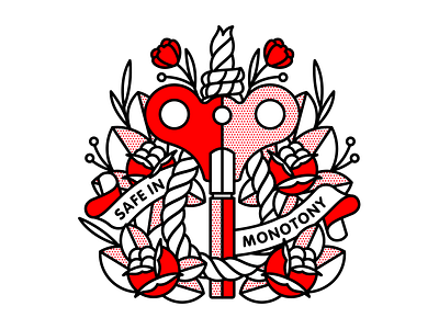 Safe in Monotony. halftone illustration mono line monoline monotony noose pop art rose routine tattoo typography windup