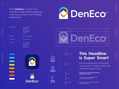 DenEco - Logo Design 🏠📱 app application branding briefbox check checkmark den eco heat heating home house identity logo mark pin pinpoint symbol ui warm