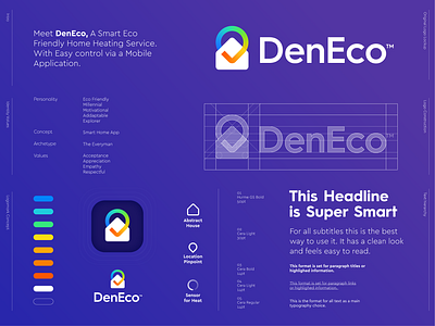 DenEco - Logo Design 🏠📱 app application branding briefbox check checkmark den eco heat heating home house identity logo mark pin pinpoint symbol ui warm