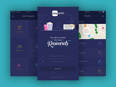 PayWith iOS app re-design app designer illustration ios maps pakistan pay payment purple remote rewards typography ui ux