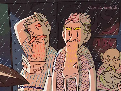 Beard-Cats at the Bus Stop animals artwork beard cats characterdesign creative design digitalart fantasy funny illustration