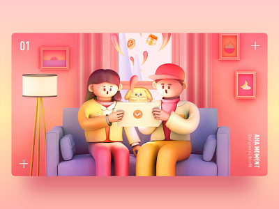 Aha Moment 3d boy c4d cute dog girl home illustration ipad livingroom lover sofa surprise 张小哈