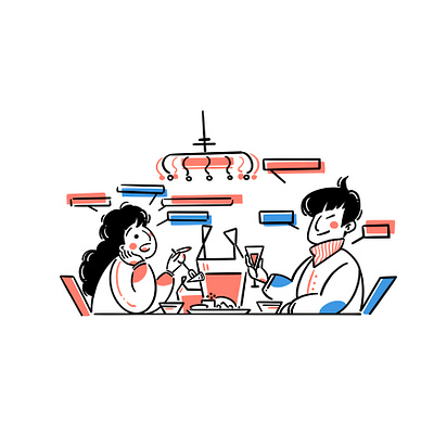 Dine together art boy character crystallamp delivery design food girl illustration man tableware talk woman