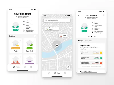 Air Quality Monitoring App air app aqi cards clean emoji face header house icons interface ios map mobile monitor places tiles ui ux white