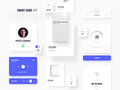 Smart Home App - Components app app design application colors components design design app designer home kitchen lights music musicplayer purple smarthome temperature ui ux white wifi