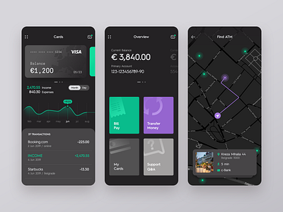 Mobile Banking | Dark Mode android bank bank card banking banking app cards dark ui finance ios map maps mobile mobile ui userinterface ux