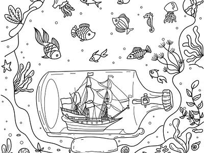 Sea and bottle underwater coloring page coloringbook illustration underwater