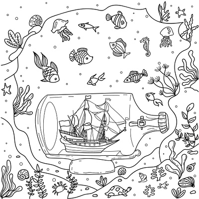 Sea and bottle underwater coloring page coloringbook illustration underwater