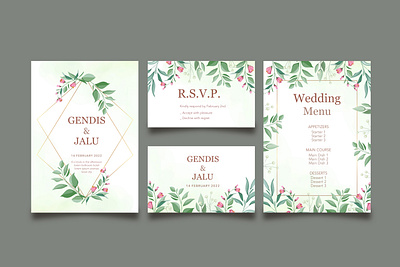 Floral wedding card invitation template set with menu background border card celebration decoration decorative design elegant floral flower frame greeting illustration invitation menu set template vector vintage wedding