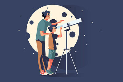 Father with the son - astronomers adobe illustrator astronomer astronomy character child father illustaration monitoring moon moonlight night people son stars vector vector illustration