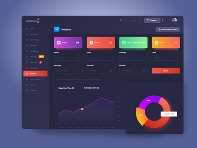 Dashboard Analytic UI Dark Mode analytics app clients colorful dailyui dark app darkblue darkdashboard dashboard app dashboard ui digital graph design minimal orders sales studio uiux user experience userinterface web