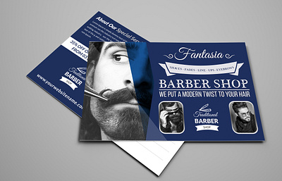 Barber Shop Postcard Template appointments barber barber shop barbering beauty center blue clippers fades hair hair cuts hair cutting hair styles haircuts leaflet professional services red roll up salon scissors shaving