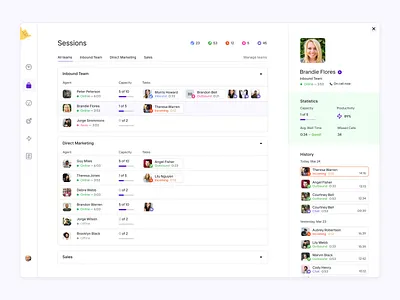 Sessions screen for 🤙Call me baby app admin admin panel agents call center calls complex contact center crm dashboad desktop erp figma management management app product design ui users ux