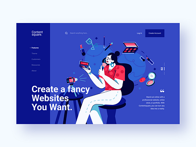 Contentsquare - Header Exploration 2 character character design discover flat design header illustration influencer landing page lifestyle makeup minimalist passion product purple ui ux vector web website website concept