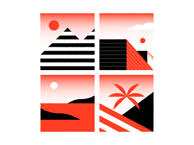 parts of the city black builds city cloud flag illustration island landing page mountain palm red sea spots square sun town