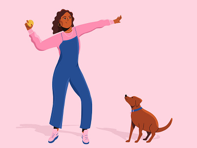 Fetch! 2d ball blue character design dog flat flat design illustration pink procreate vector walk woman