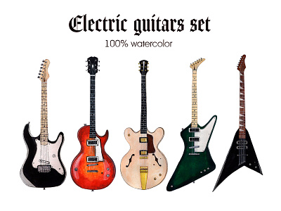 Watercolor electric guitars set art guitars illustration music rock set of illustrations watercolor