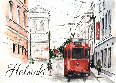 Helsinki - watercolor illustration art card finland helsinki illustration postcard poster watercolor