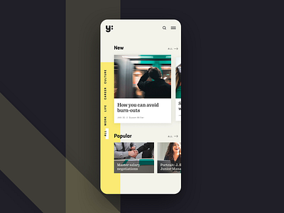 Online magazine for young professionals - mobile animated adobe xd adobexd animated animated ui black clean clean ui green magazine mobile mobile ui online magazine ui uiux yellow