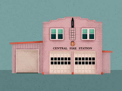 Central Fire Station digital fire department fireman firemen illustration pastel colors retro vector vintage