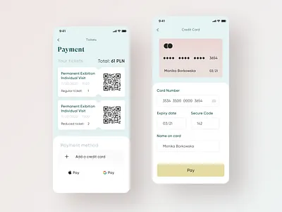 Museum App | Tickets and Payment app app design checkout clean ui colors palette credit card design event event app information architecture ios design like mobile app mobile ui payment payment form payment method payment screen ticket ui