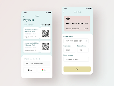 Museum App | Tickets and Payment app app design checkout clean ui colors palette credit card design event event app information architecture ios design like mobile app mobile ui payment payment form payment method payment screen ticket ui