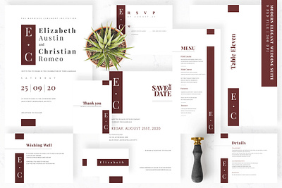 Modern Elegant Wedding Suite anniversary bride design elegant feminine gold groom invitation invitation set invitations invite letterpress maroon minimal minimalist modern party press wedding card wedding invitation