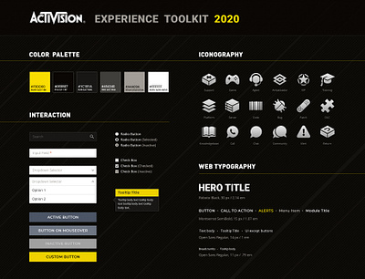 Activision UX Toolkit 2020 activision branding gamification icon illustration isometric logo minimal mobile modern palette scheme standards style guide styleguide typography ui ux web design