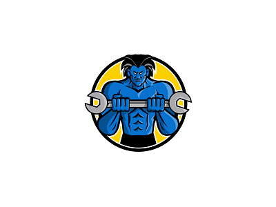 Blue Muscular Monster Wrench Mascot blue blue monster bodybuilder icon mascot mechanic mechanical monster muscular spanner tool wrench