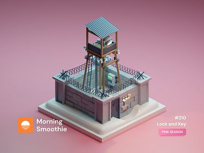 Lock and Key 3d 3d art blender blender3d clay clay render diorama illustration isometric isometric design isometric illustration low poly pastel pastel colors pink prison tower toy watchtower wire