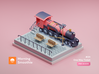 One Way Ticket 3d 3d art blender blender3d diorama illustration isometric isometric design isometric illustration locomotive low poly minimal pastel pastel colors railroad rails steam engine steampunk train train station