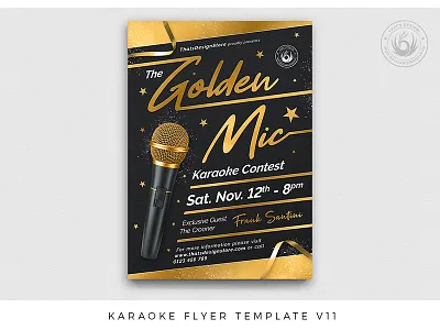 Karaoke Flyer Template V11 black black and gold classy club contest design elegant flyer gold golden karaoke music night party photoshop poster print psd star template
