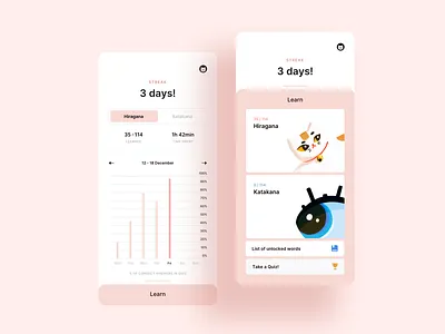 Kana - japanese syllabary learning app app cat cute hiragana illustration japan japanese kana katakana language language learning minimal mobile pastel pink ui