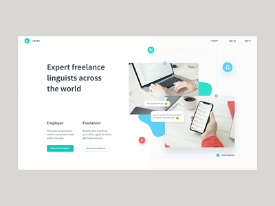Landing for a global writing freelancing platform animation blobs freelancer home interaction job landing landing page layout mentalstack mockup motion phone photos scroll slider testimonials ui work