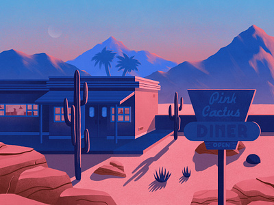 Desert Diner 🌵 cactus desert diner illustration palmtree procreate restaurant sunset texture