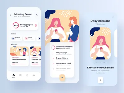 Women empowering mobile app design analytics app design application cards feminine feminine design feminism habit tracker habits illustration levels missions mobile mobile app modern progress progressbar statistics tracking app uxdesign