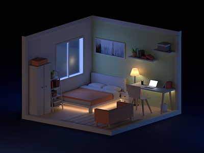 Room - night 3d 3d art house illustraion light lowpoly mini night room