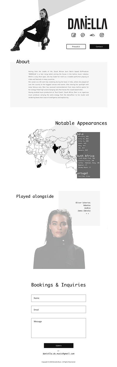 Artist portfolio (Daniella : DJ / Music Producer) app branding design minimal musician portfolio sketch typography ui ux