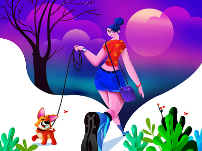 WALKIING art art expololarion creative cute art dog fantasy girl character minimal morning nature photoshop plant sky sun tree walking web webillustration website design